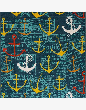 Navy Blue Easy-Clean Coastal Indoor / Outdoor Square Rug