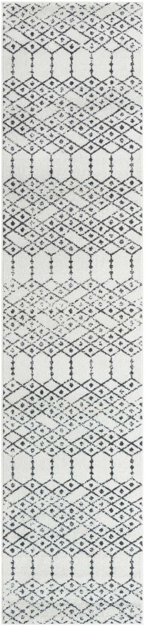3' x 13' Newcomb · Geometric lattice rug, ivory and charcoal