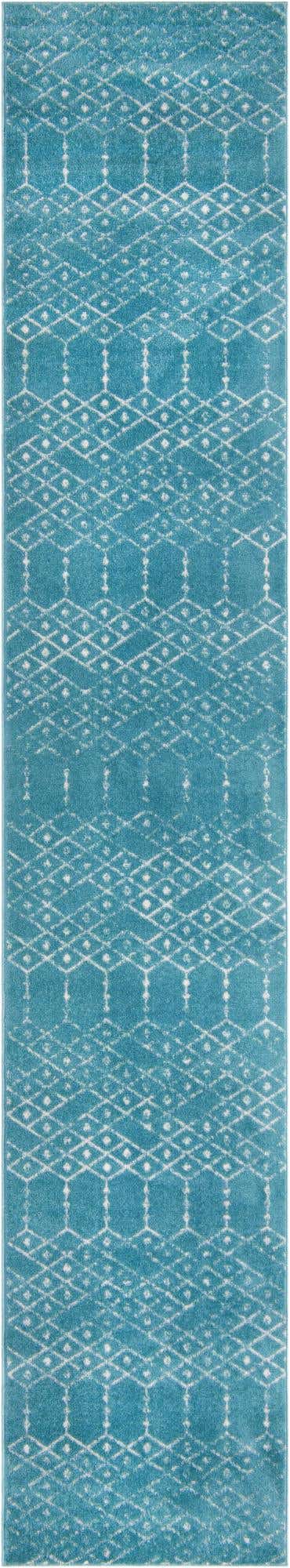 3' x 16' Newcomb · Geometric lattice rug, teal and ivory