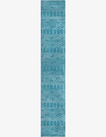 3' x 16' Newcomb · Geometric lattice rug, teal and ivory