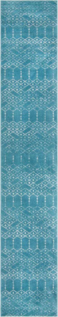 3' x 16' Newcomb · Geometric lattice rug, teal and ivory