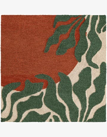 Orange and Green Handtufted Wool Square Rug