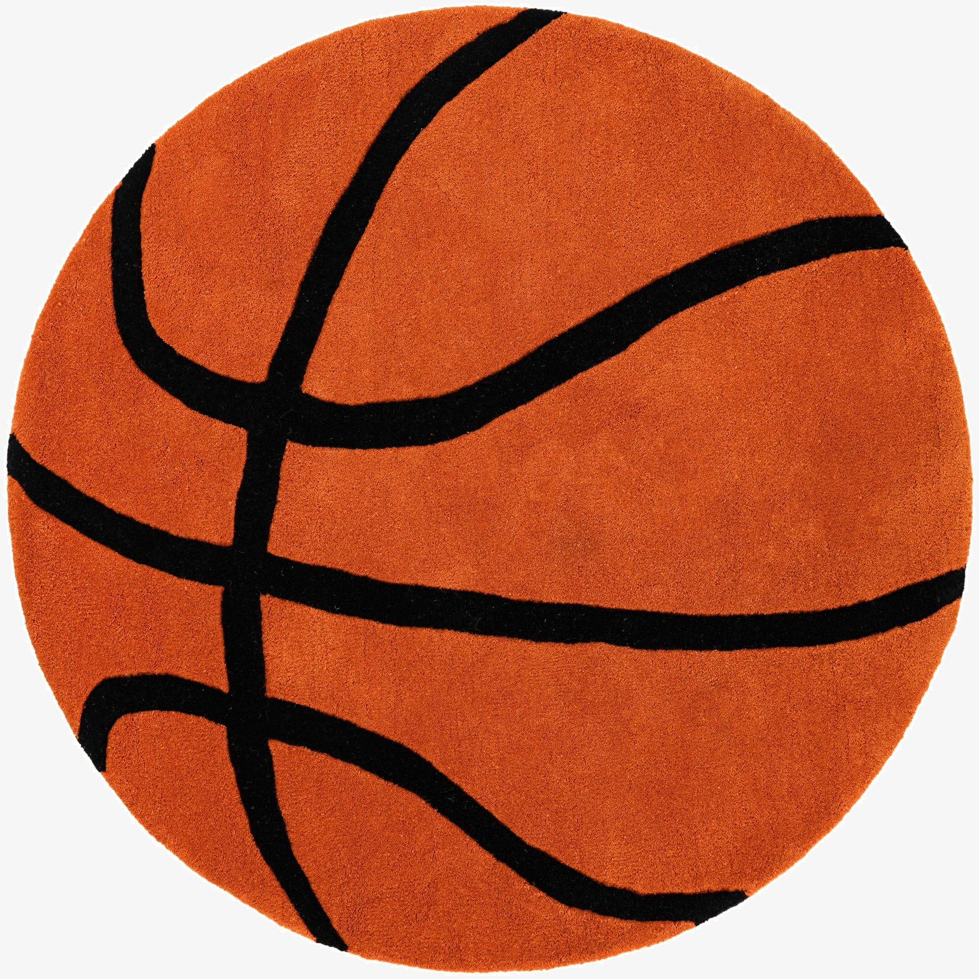 A round, orange area rug shaped and patterned like a basketball, with thick black lines, on a white background.