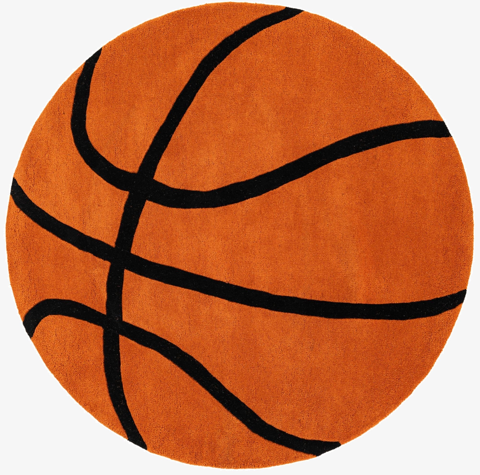 A 5' 1 x 5' 1 round orange rug shaped and patterned like a basketball with black lines, ideal for a kid's room.