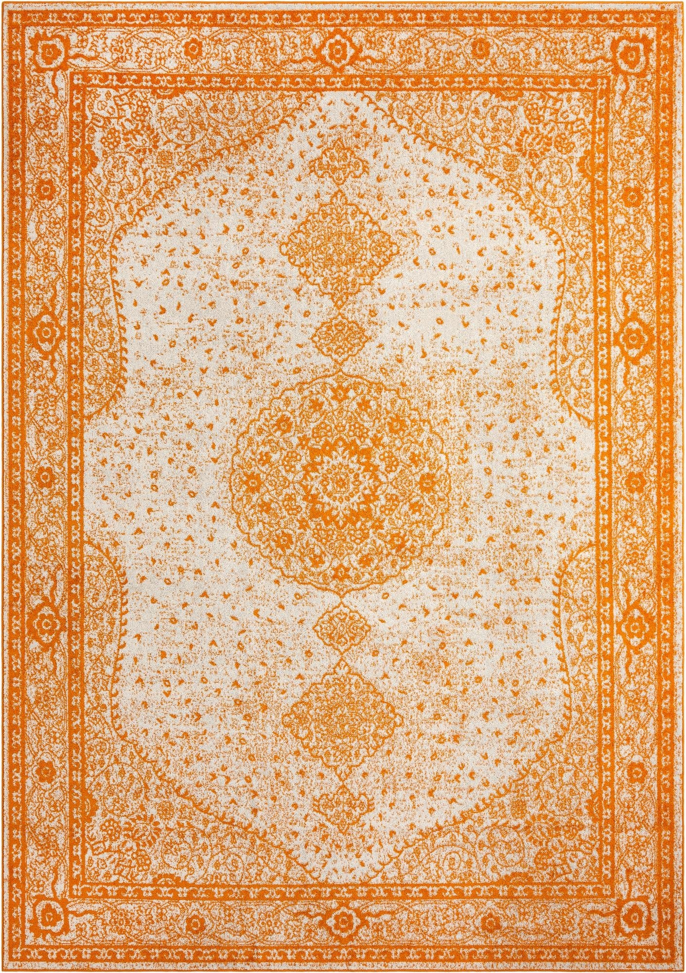 A 10x14 rectangular orange and white rug with a traditional medallion pattern and ornate border.