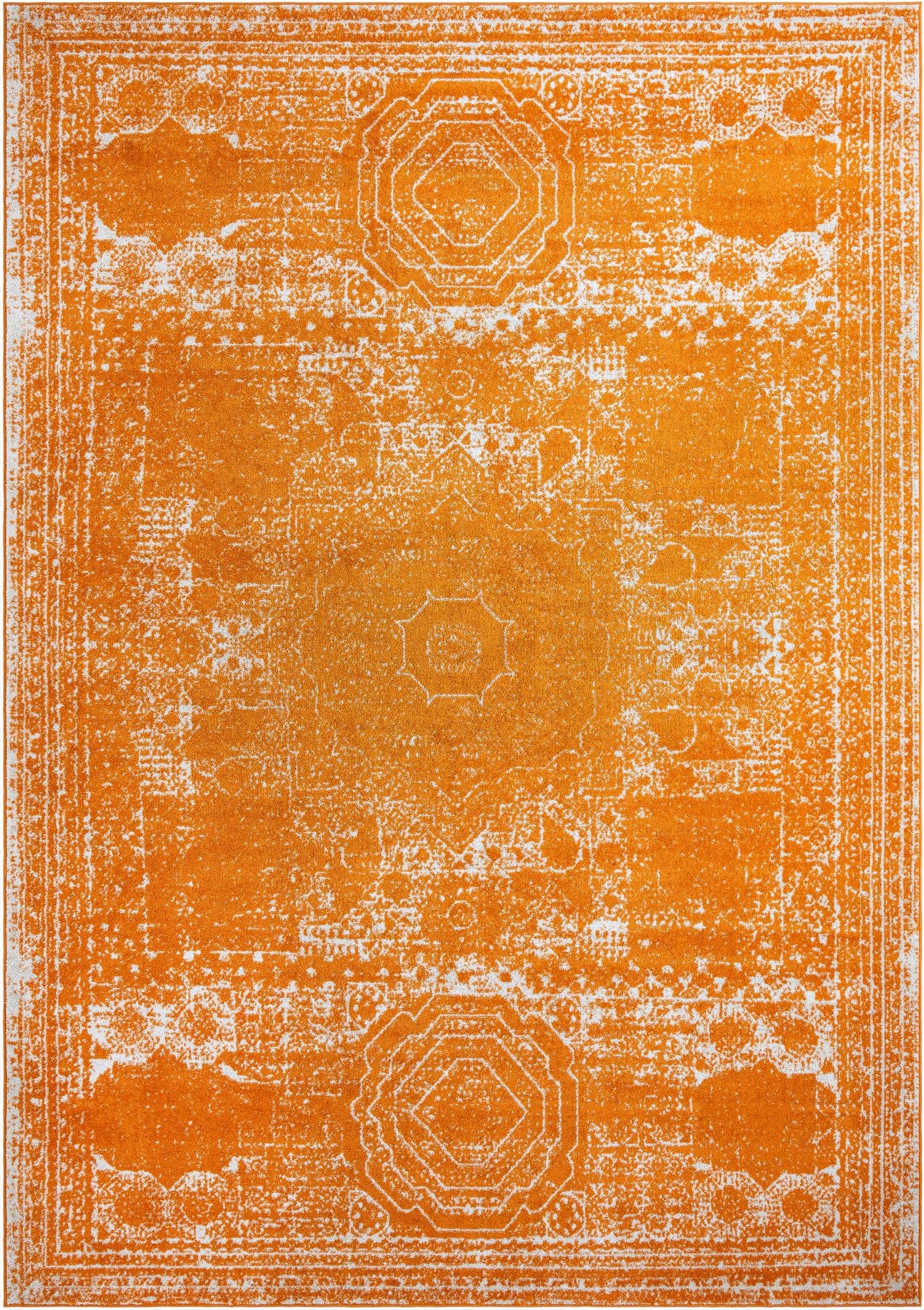 A 10x14 rectangular orange and white distressed area rug with a faded traditional pattern, suitable for a living room or patio.