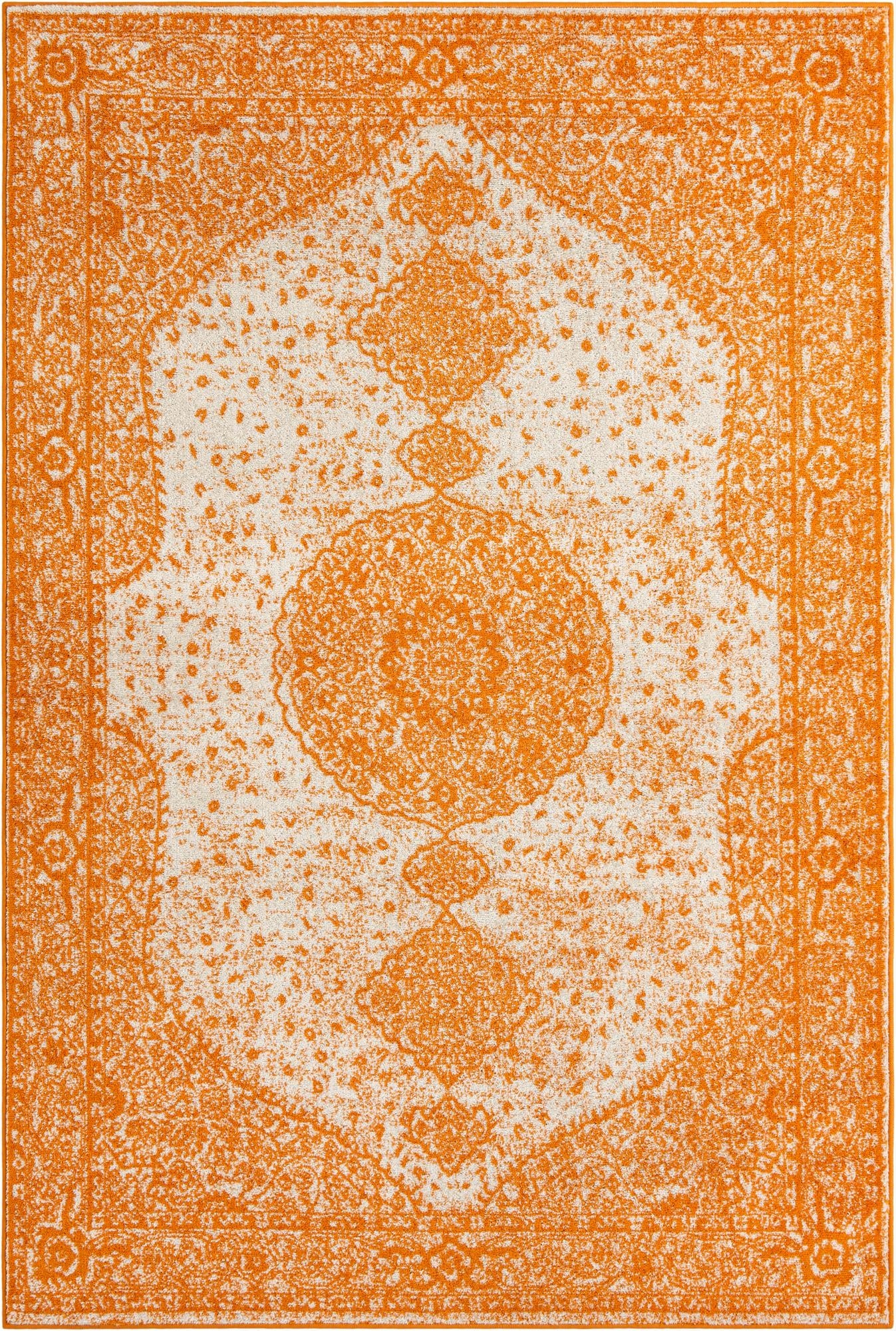 A 6x9 rectangular orange and white indoor rug with a distressed traditional medallion pattern, ideal for a living room.