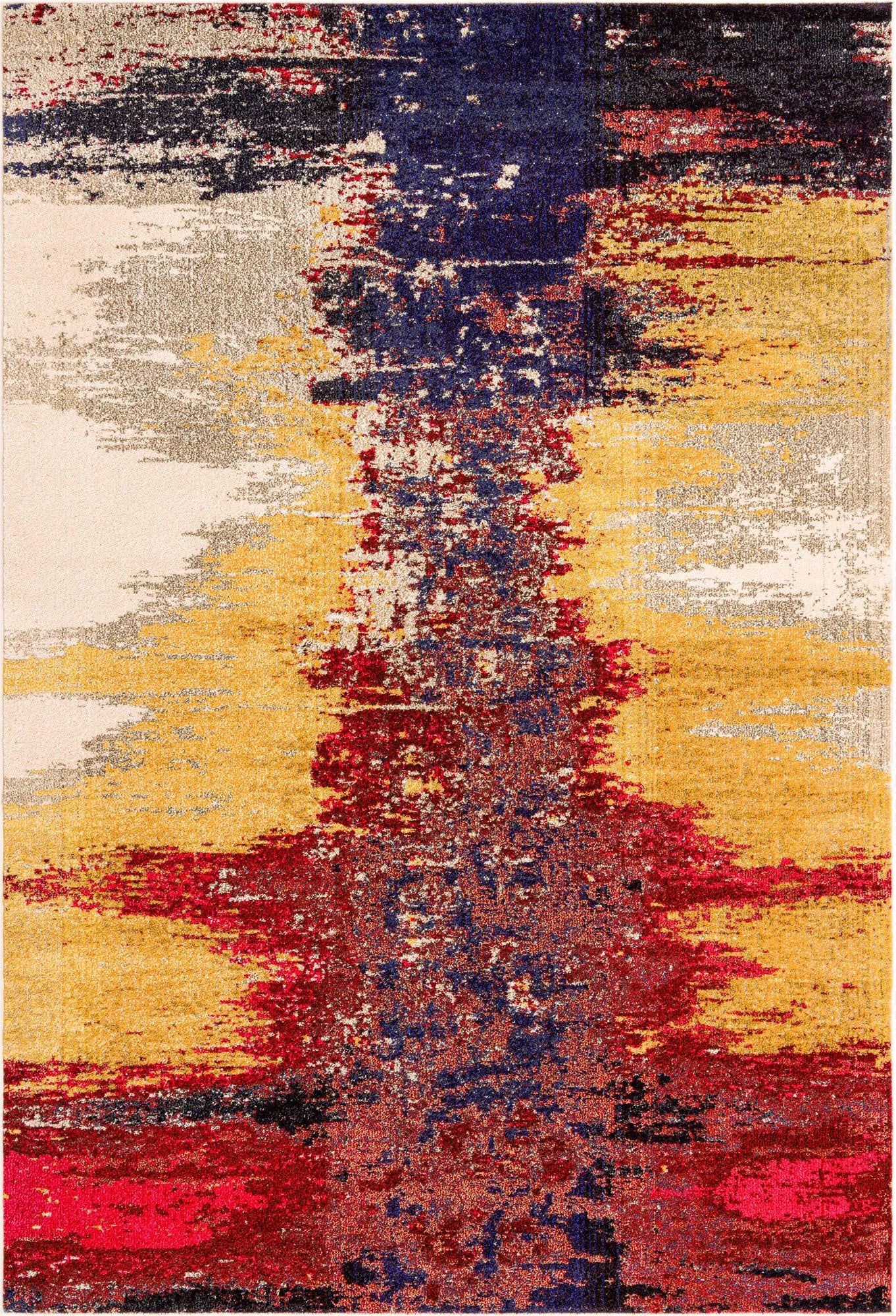 A 7x10 rectangular Hyacinth rug featuring an abstract, modern design with vibrant oranges, reds, blues, and creams.