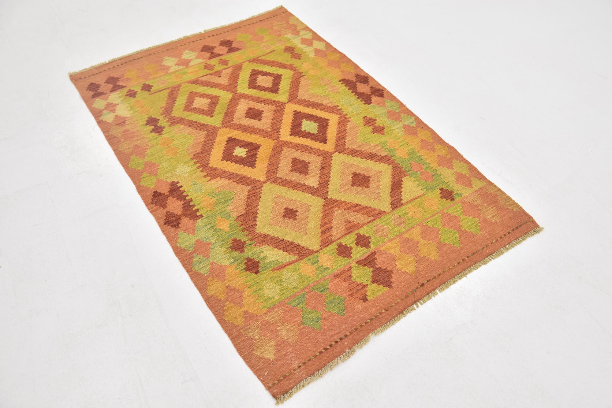 3' 2 x 4' 10 Hand Woven Kilim Waziri Wool Rug