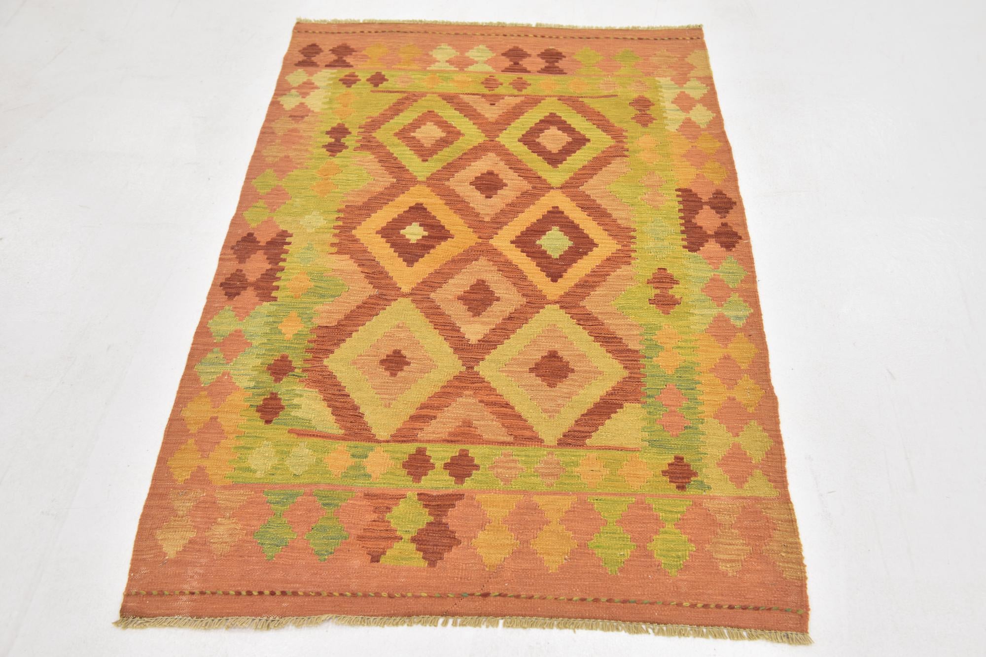 3' 2 x 4' 10 Hand Woven Kilim Waziri Wool Rug
