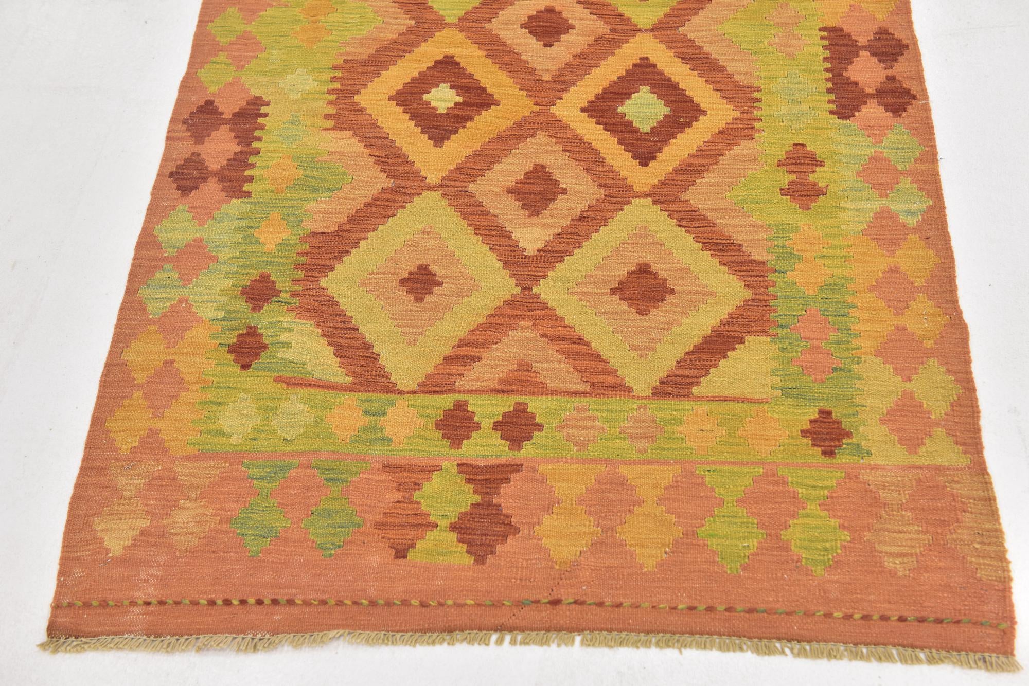 3' 2 x 4' 10 Hand Woven Kilim Waziri Wool Rug