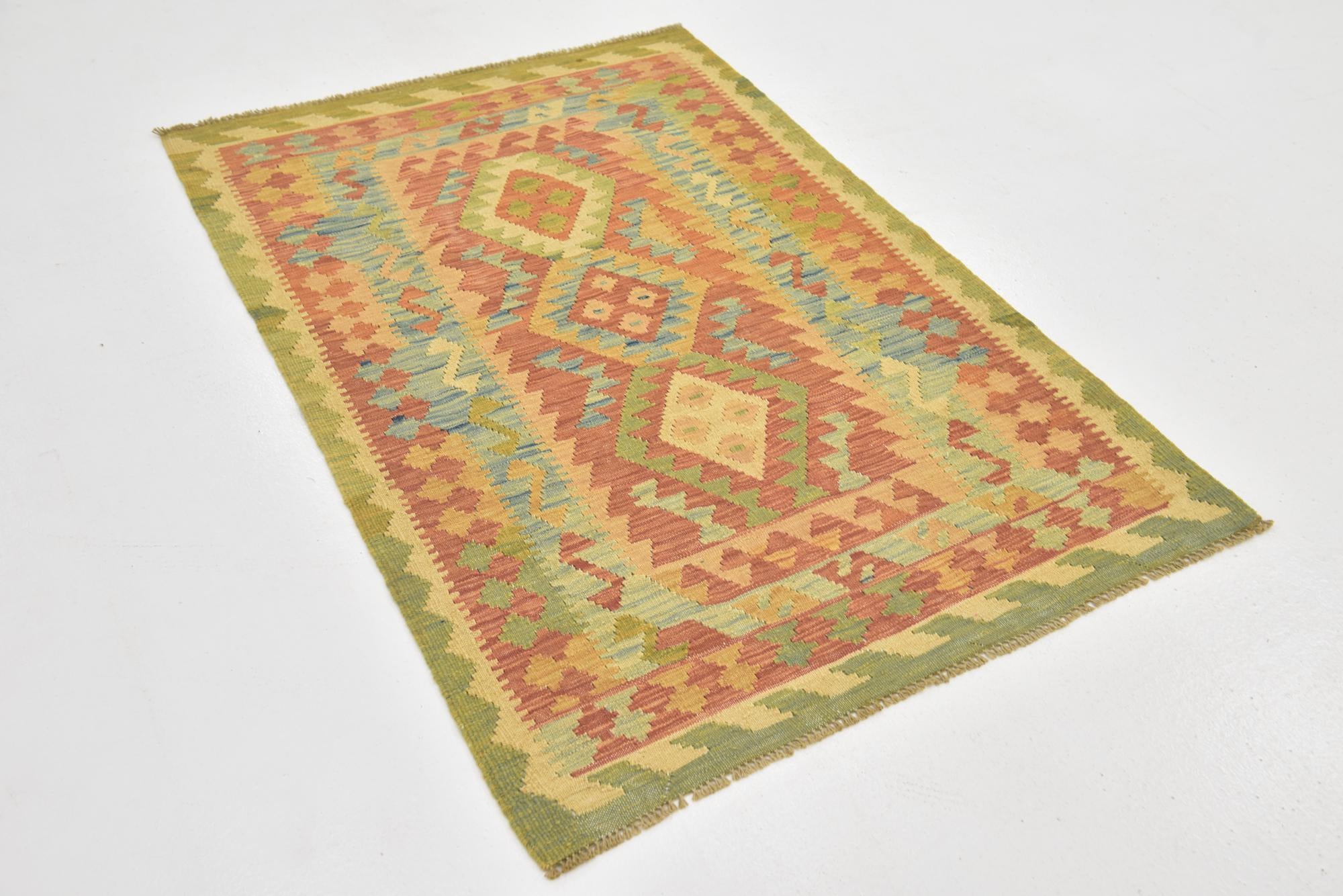 3' 2 x 4' 10 Hand Woven Kilim Waziri Wool Rug