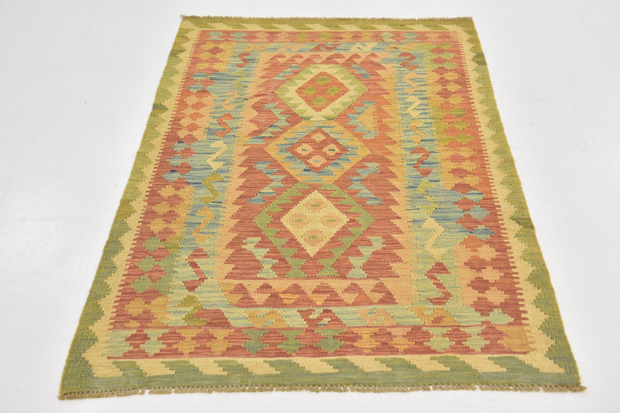 3' 2 x 4' 10 Hand Woven Kilim Waziri Wool Rug