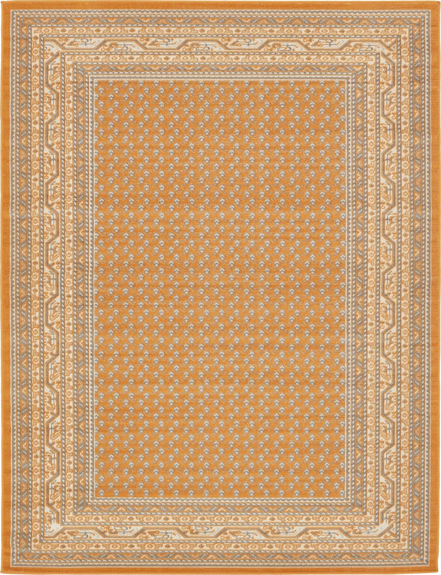 A 9x12 rectangular orange Southwestern rug with a detailed border pattern in cream and grey tones.