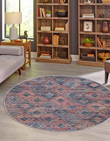 Peach and Blue Washable Sisu Round Rug