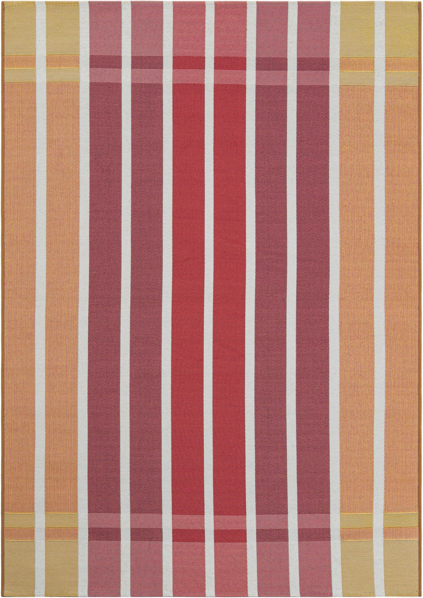 A 4x6 rectangular indoor/outdoor rug featuring bold vertical stripes in shades of orange, pink, and red, with thin white accent lines.