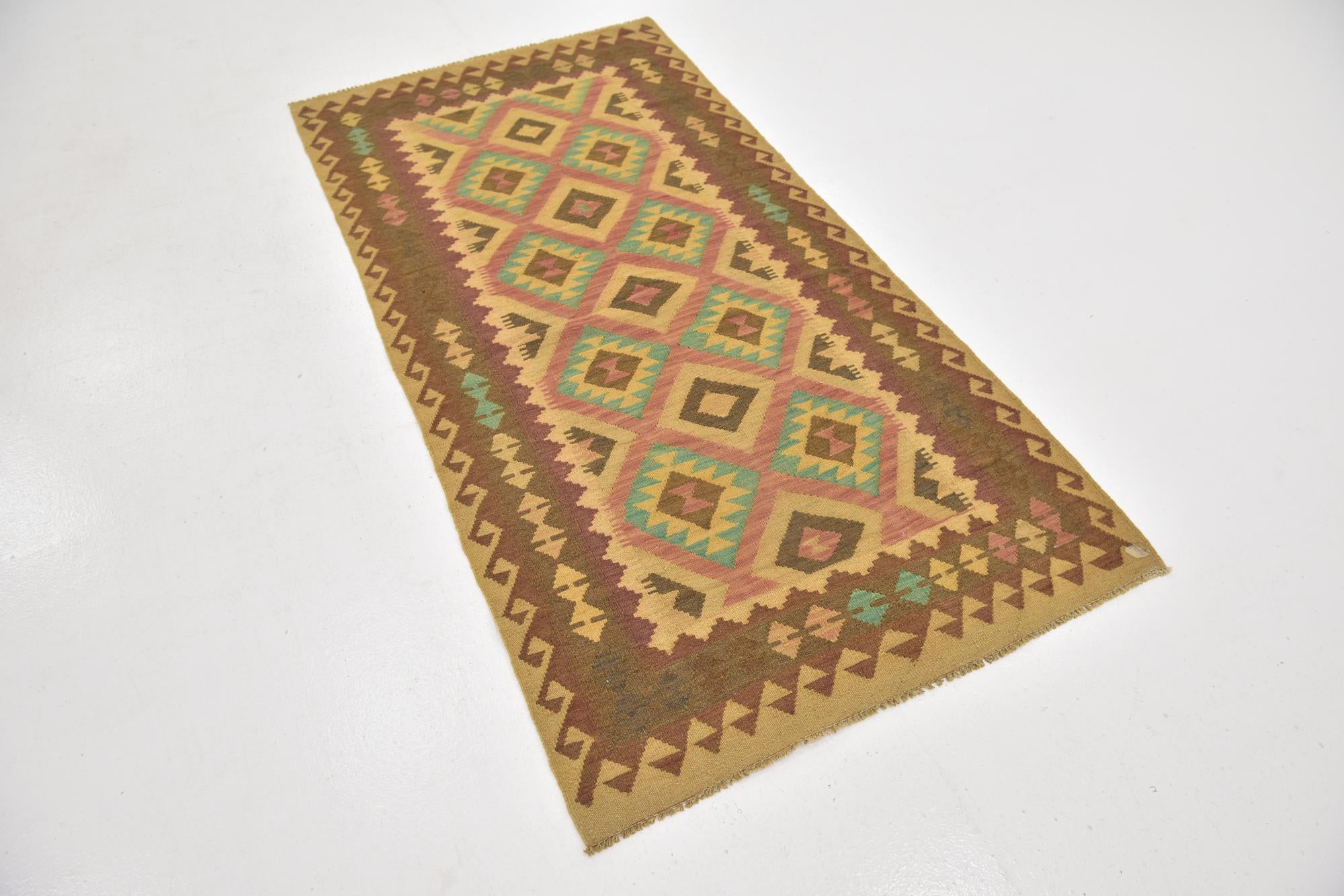 3' 4 x 6' 6 Hand Woven Kilim Maymana Wool Runner Rug