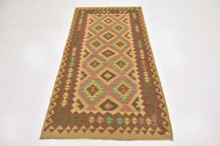 3' 4 x 6' 6 Hand Woven Kilim Maymana Wool Runner Rug