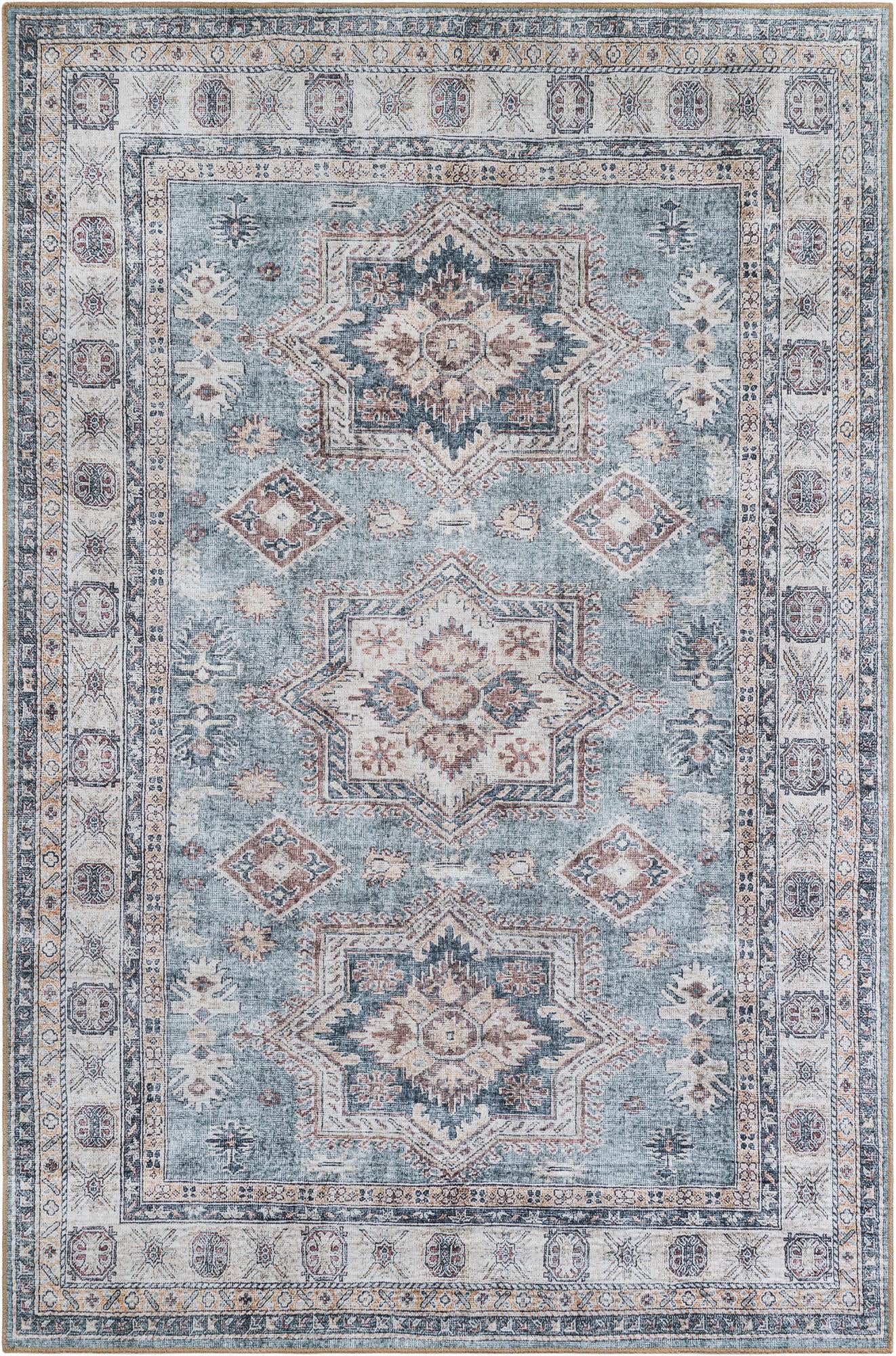 6' 1 x 9' Pickett · Geometric medallion Washable Rug, green and beige