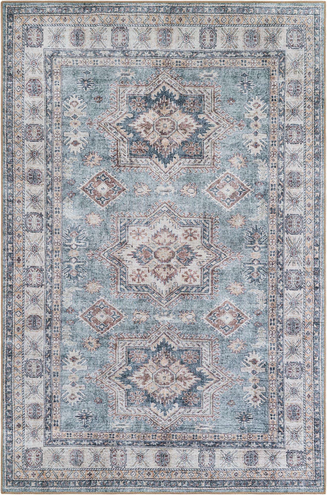 6' 1 x 9' Pickett · Geometric medallion Washable Rug, green and beige