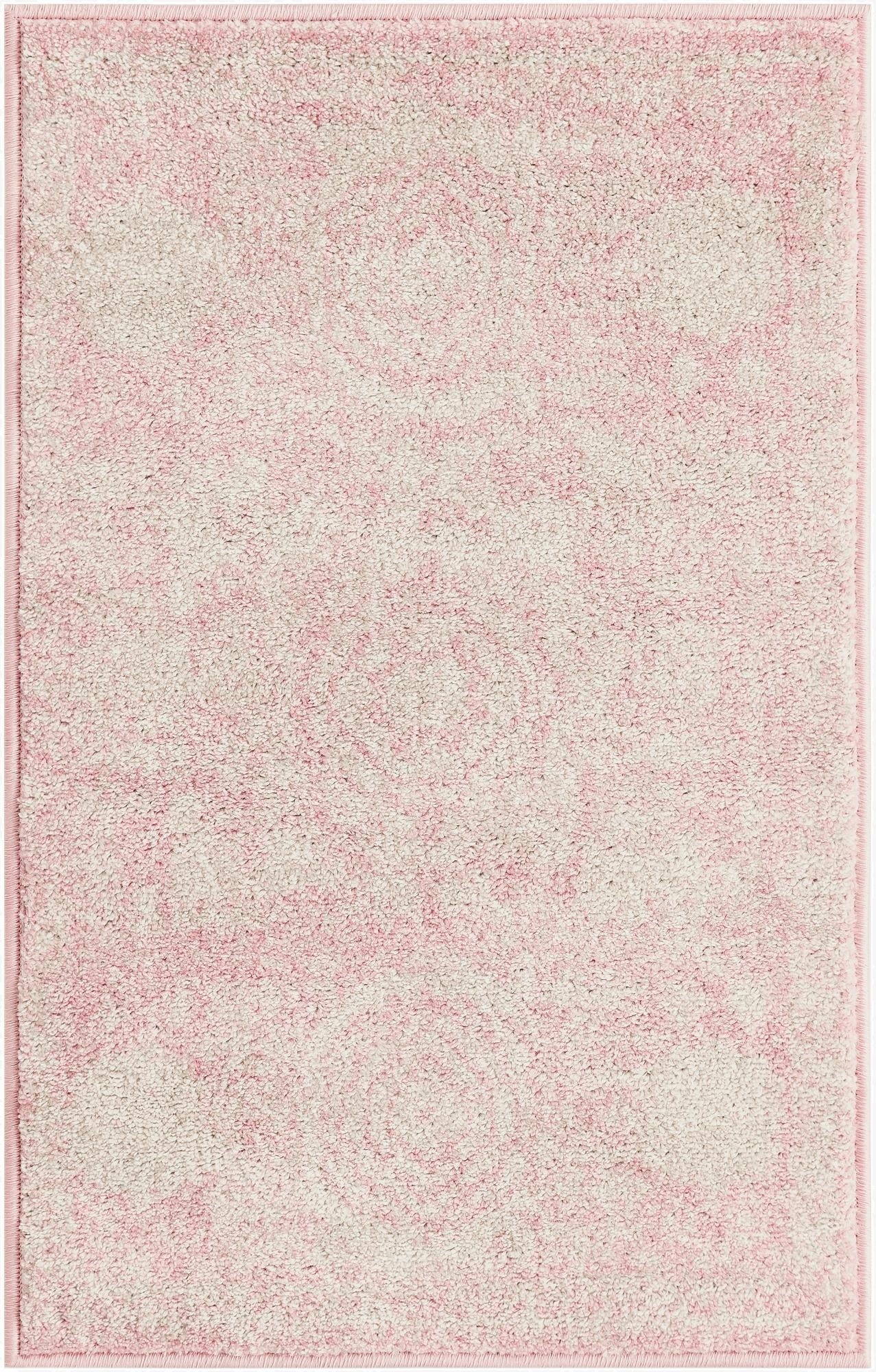 A 2x3 rectangular pink shabby-chic rug with a subtle medallion pattern and thin pile, ideal for an entryway or bathroom.