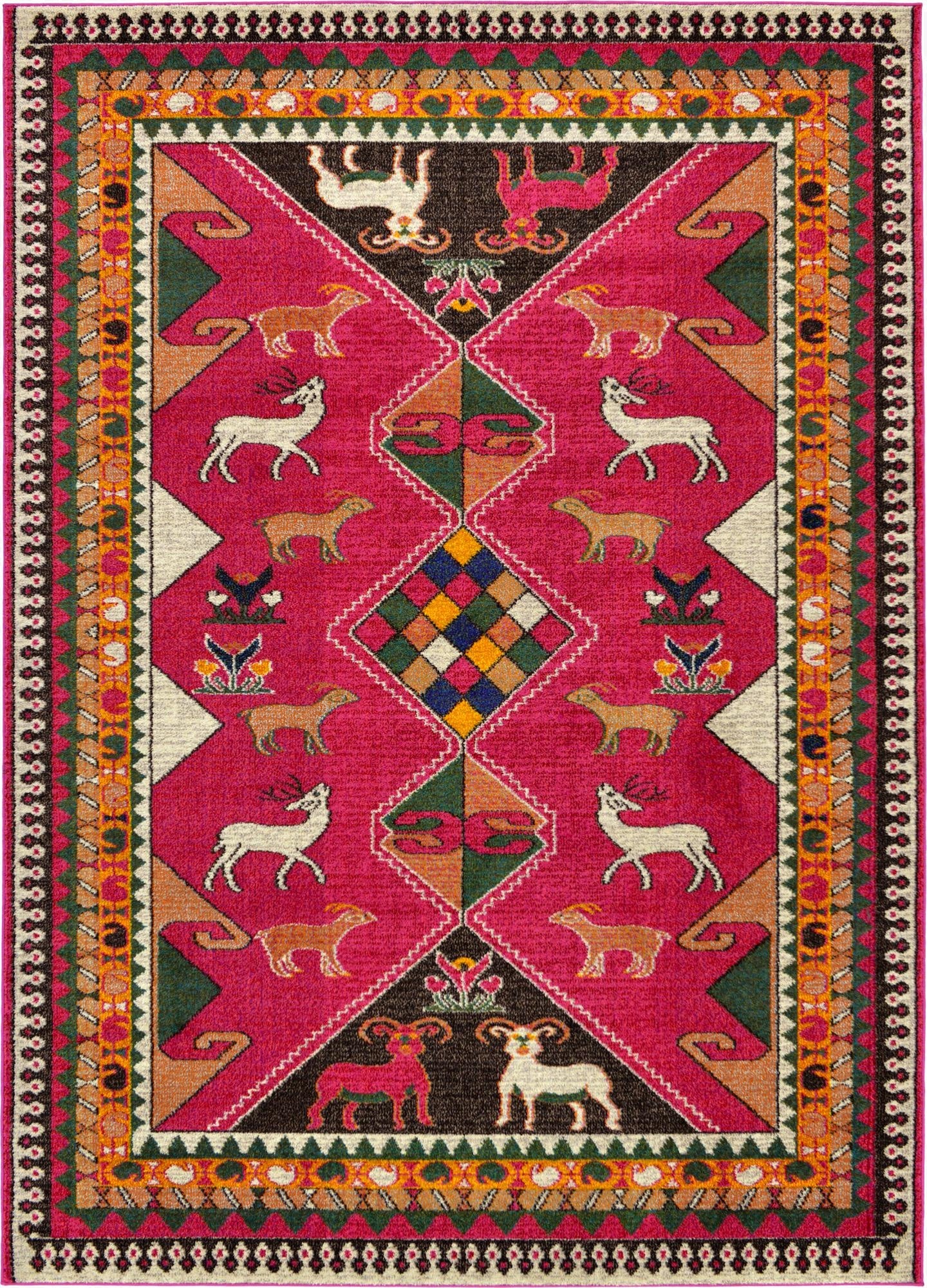 A vibrant 7x10 rectangular Mesa rug featuring a pink field with tribal deer and goat motifs, colorful diamonds, and a detailed border.