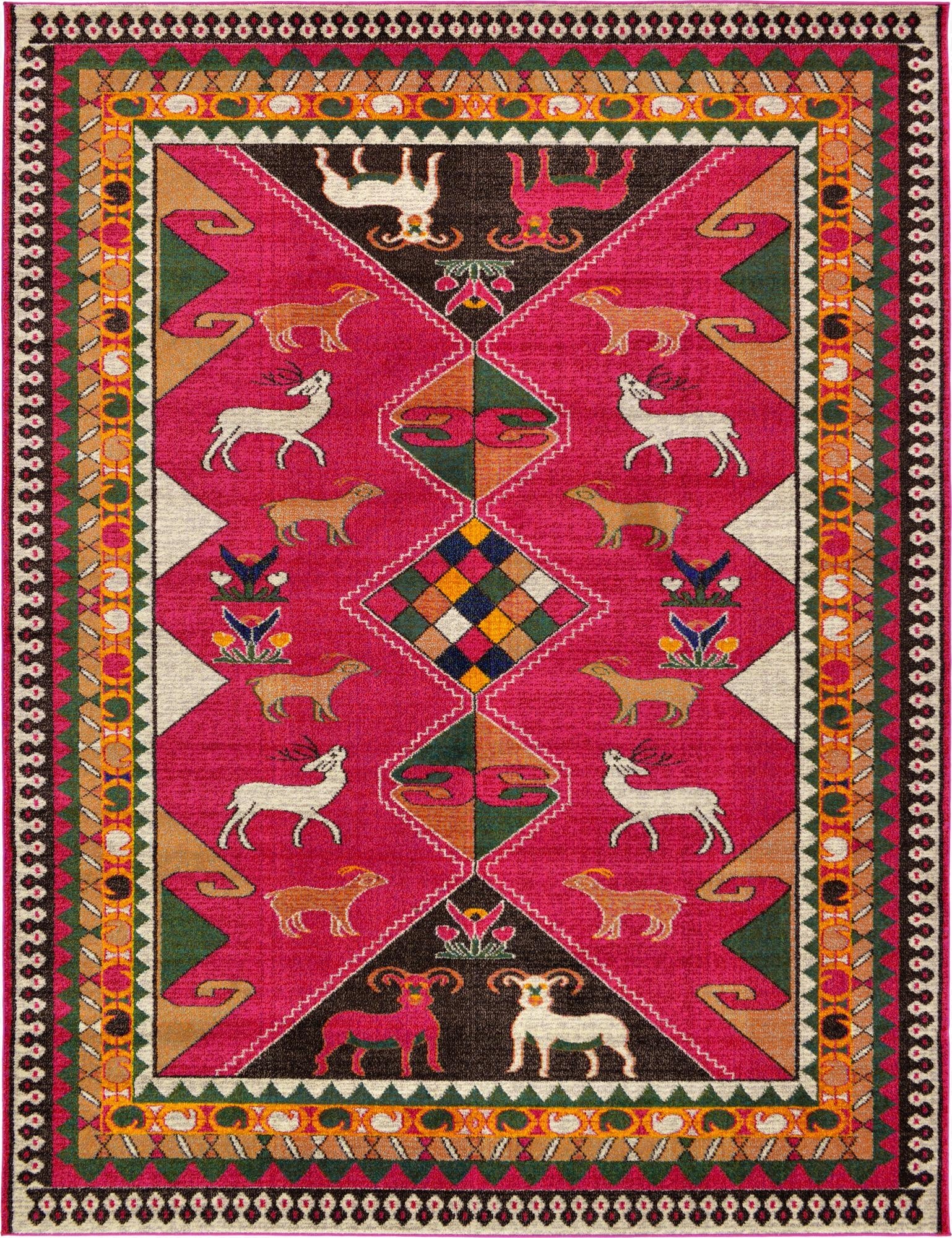 A vibrant 9x12 rectangular pink tribal rug featuring deer, goats, and geometric patterns, perfect for a living room.