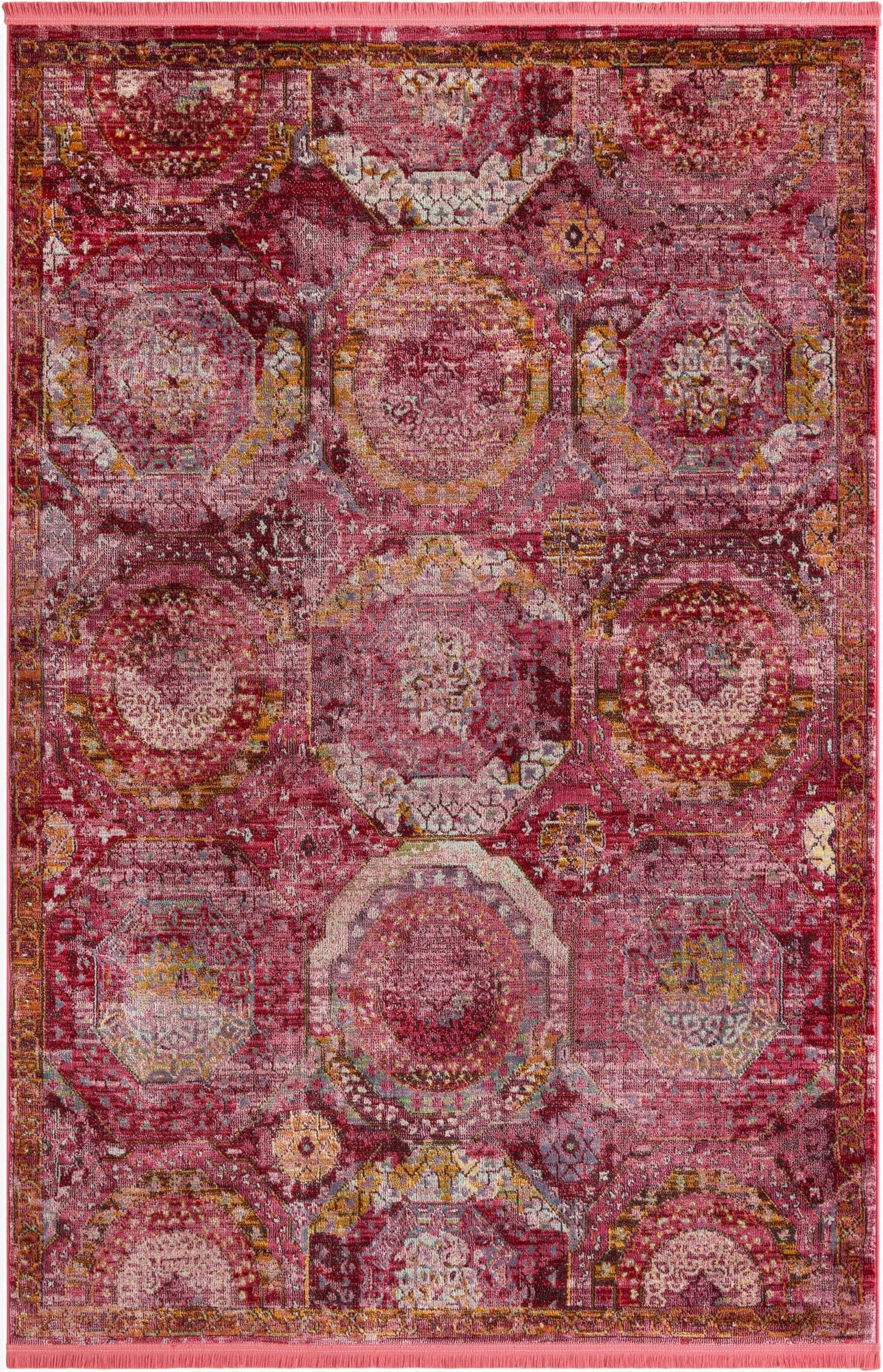 A 5x8 rectangular Santiago rug featuring a distressed bohemian medallion pattern in various shades of pinks, reds, and subtle golds.
