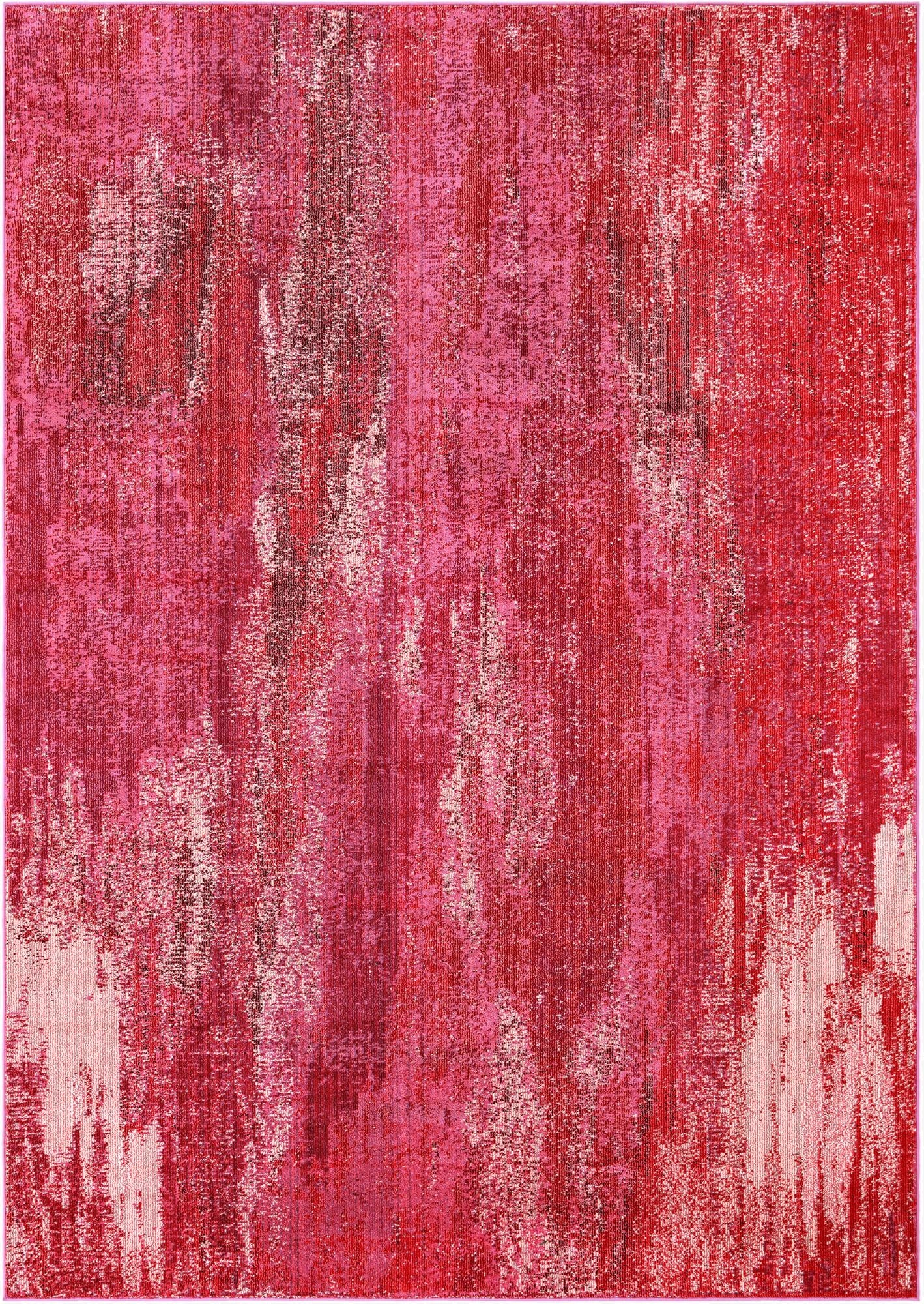 A vibrant 8x11 rectangular modern abstract rug in shades of pink, fuchsia, and crimson, featuring a distressed, painterly effect.