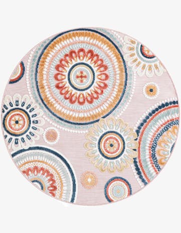 Pink Easy-Clean Botanical Indoor / Outdoor Round Rug