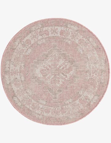Pink Easy-Clean Traditional Indoor / Outdoor Round Rug