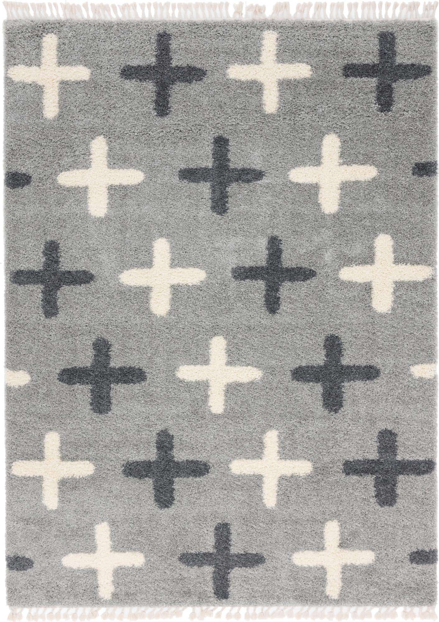 9' x 12' 2 Porteous · Cross pattern Shag Rug, gray and ivory