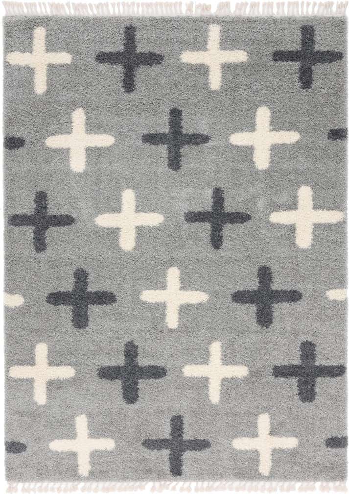 9' x 12' 2 Porteous · Cross pattern Shag Rug, gray and ivory