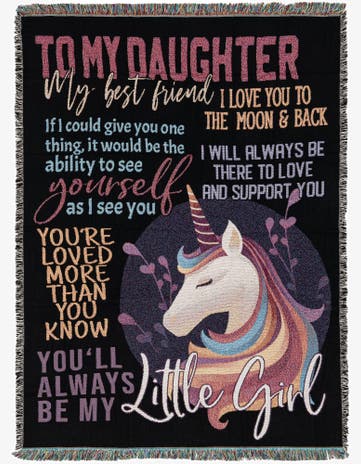 4' 6 x 6' To My Daughter Colorful Unicorn Throw Blanket