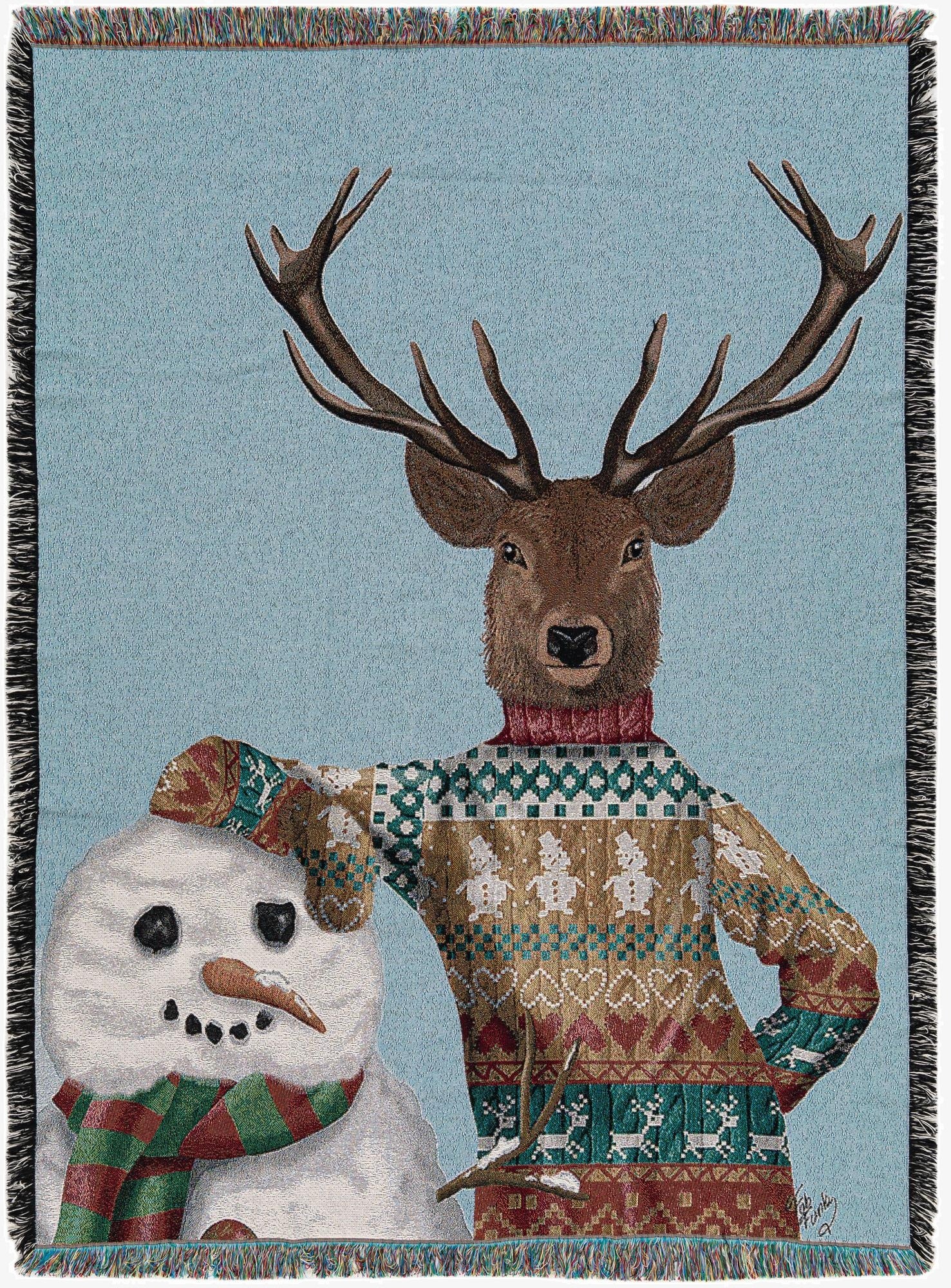 4' 6 x 6' Deer and Snowman Throw Blanket