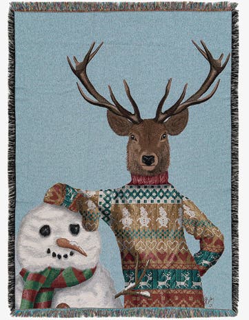 4' 6 x 6' Deer and Snowman Throw Blanket