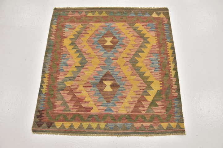 3' 2 x 3' 4 Hand Woven Kilim Maymana Wool Square Rug