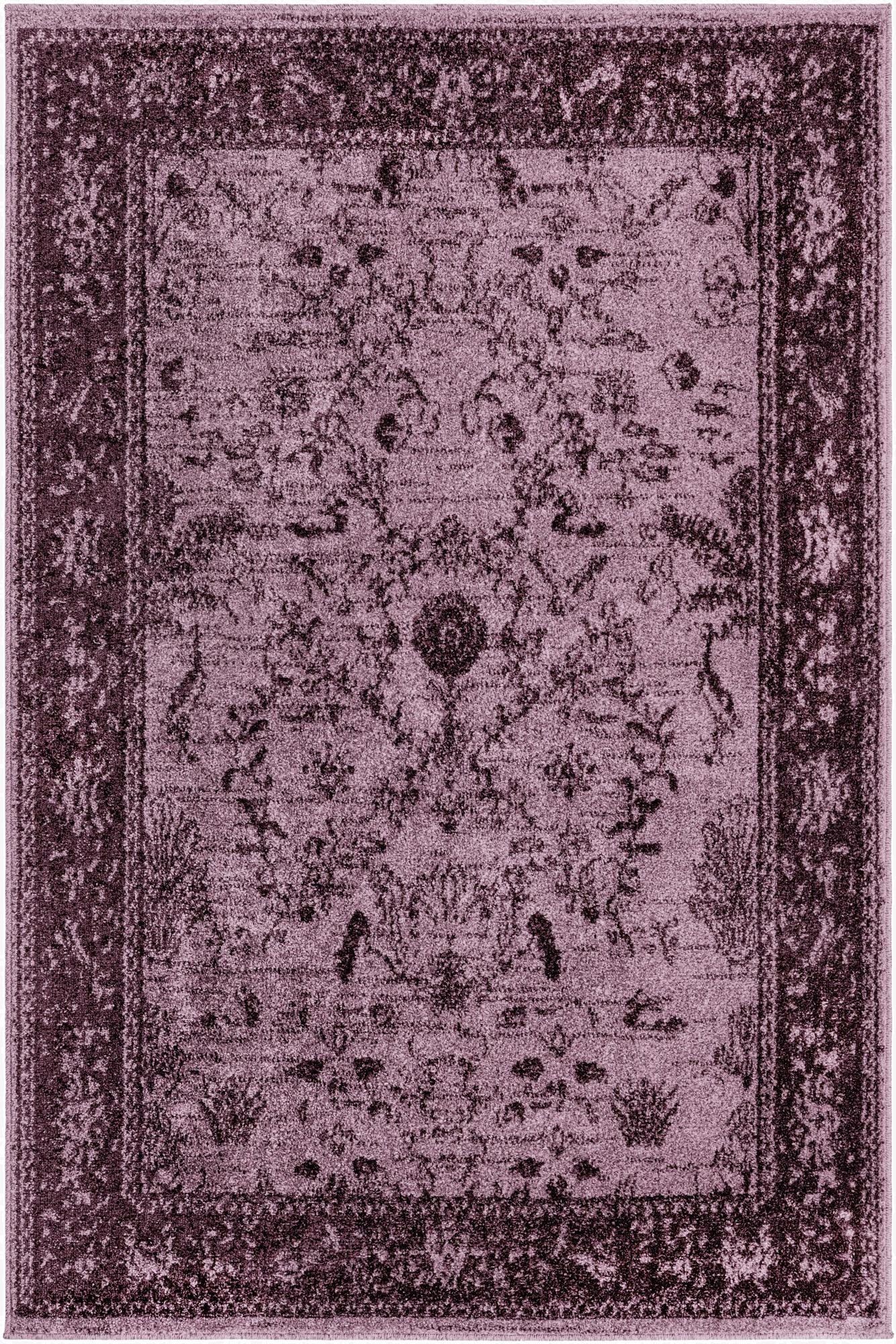 A 4x6 rectangular purple area rug with a distressed traditional botanical pattern and a darker border.