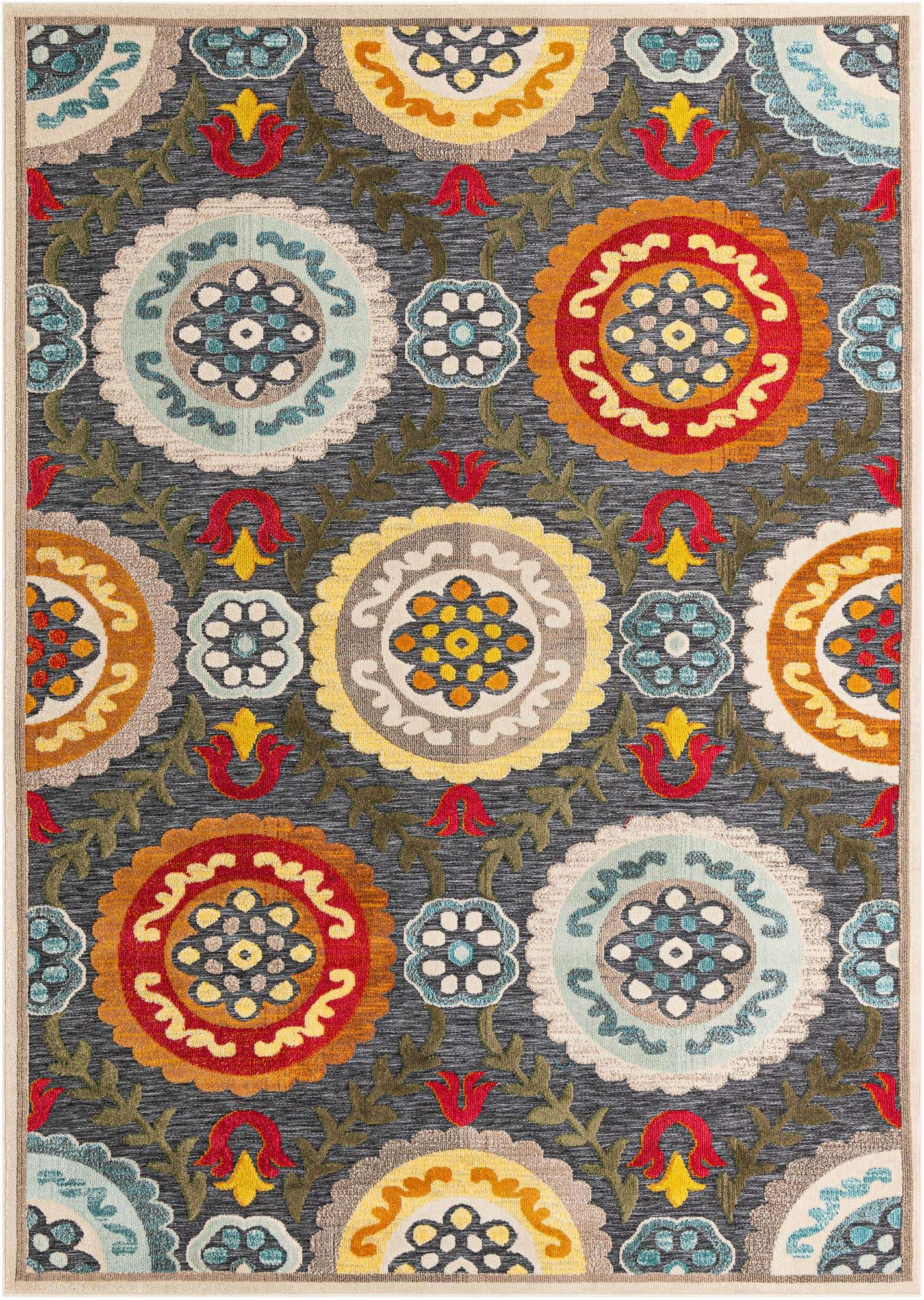 9' x 12' Quincy · Floral medallion Outdoor Rug, charcoal and brights