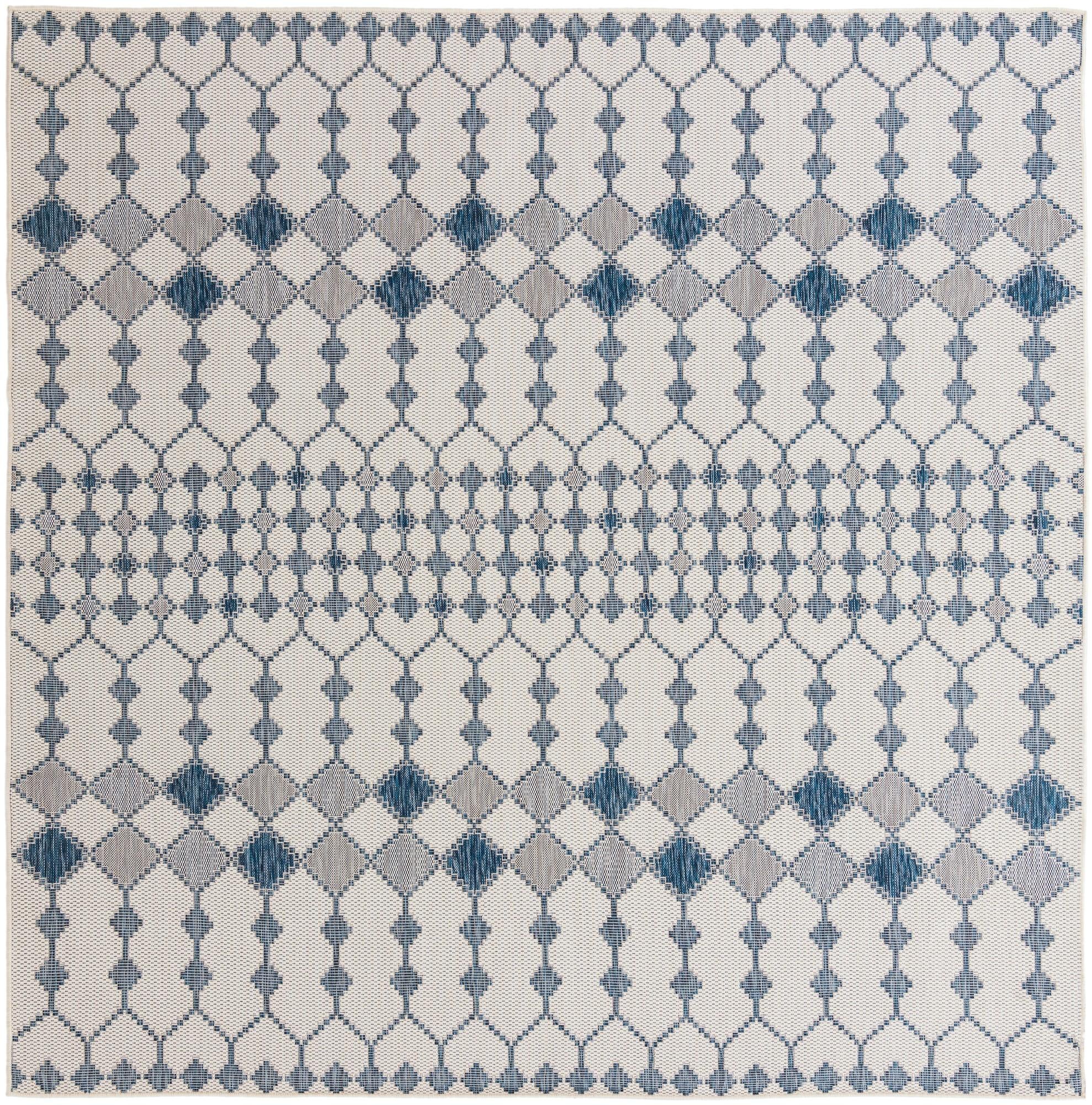 Ramsden · Geometric lattice Outdoor Rug, blue and ivory