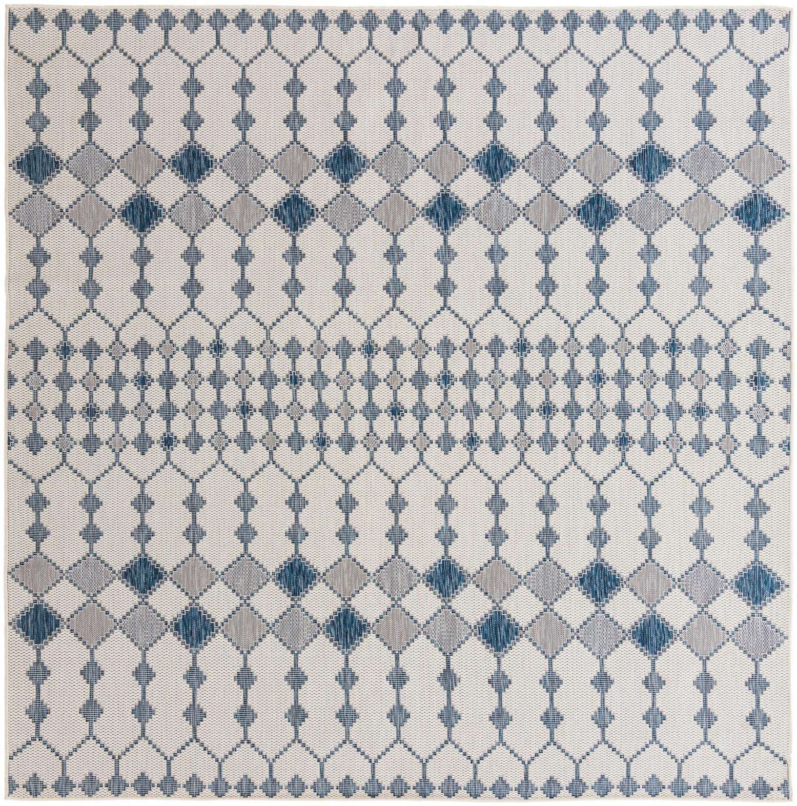 10' x 10' Ramsden · Geometric lattice Outdoor Rug, blue and ivory