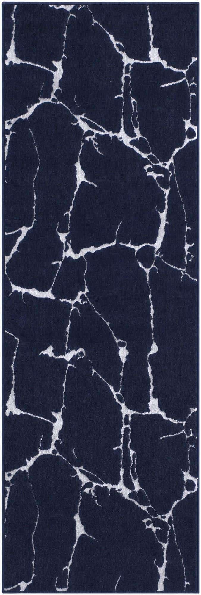 2' x 6' Ravenhill · Abstract marble rug, navy and silver