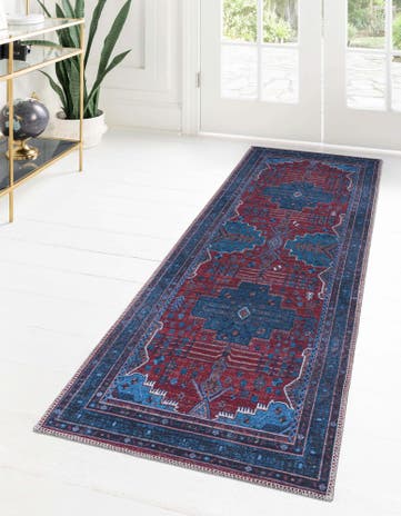 Red and Blue Washable Mangata Runner Rug
