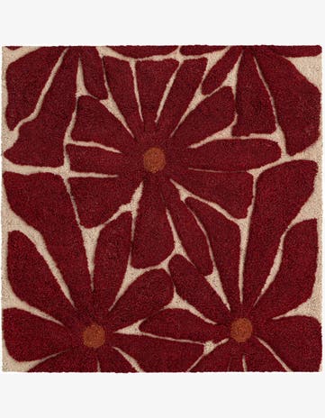 Red and Ivory Handtufted Wool Square Rug