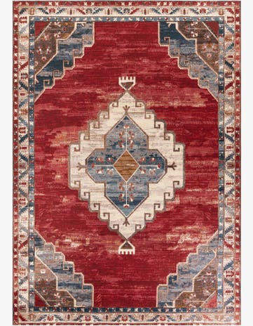 Red and Navy Blue Easy-Clean Traditional Indoor / Outdoor Rug