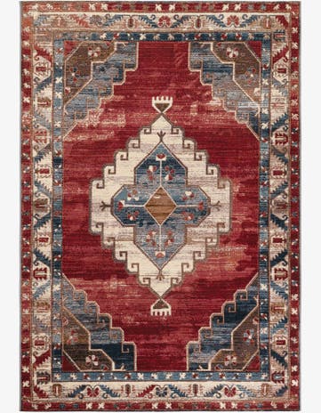 Red and Navy Blue Easy-Clean Traditional Indoor / Outdoor Rug
