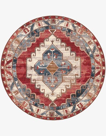 Red and Navy Blue Easy-Clean Traditional Indoor / Outdoor Round Rug