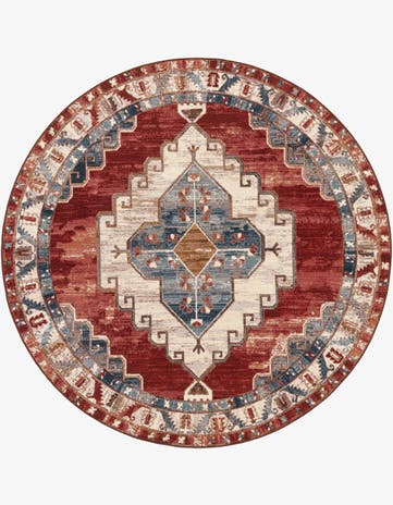 Red and Navy Blue Easy-Clean Traditional Indoor / Outdoor Round Rug