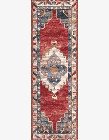 Red and Navy Blue Easy-Clean Traditional Indoor / Outdoor Runner Rug