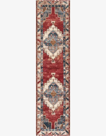 Red and Navy Blue Easy-Clean Traditional Indoor / Outdoor Runner Rug
